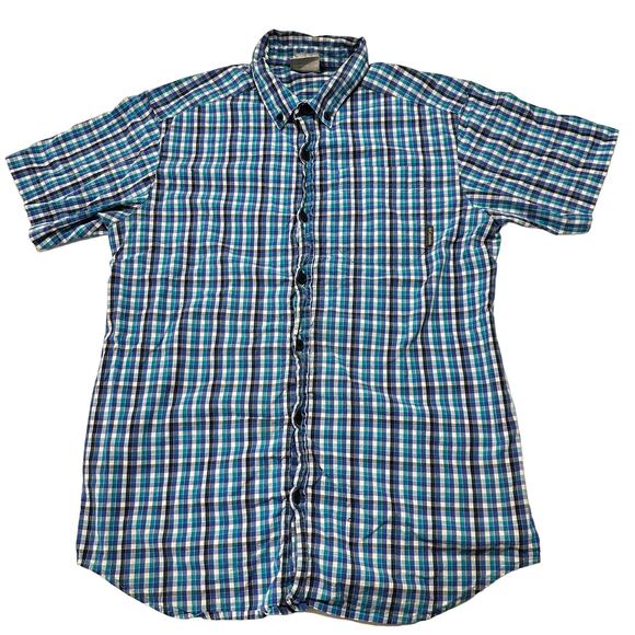 Columbia Men Button Up Shirt Size M Blue White Plaid Short Sleeve SMALL HOLE - Picture 1 of 9